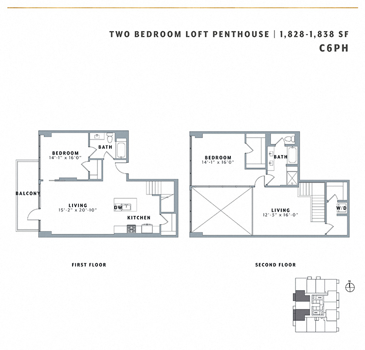 Floor plan for 2 beds, 2 baths, 1838 sqft